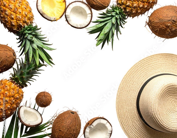 Fototapeta Overhead shot of summer tropical fruits and a hat framing a black space