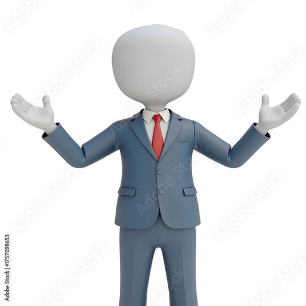 Fototapeta 3D man in business suit offers welcoming and open presentation