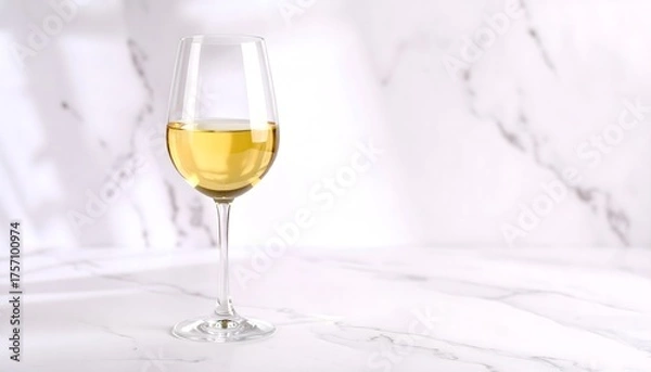 Fototapeta An elegant glass of white wine on a modern marble background with trendy sunlight and shadows. This high-key scene offers ample copy space for luxury or summer concepts.