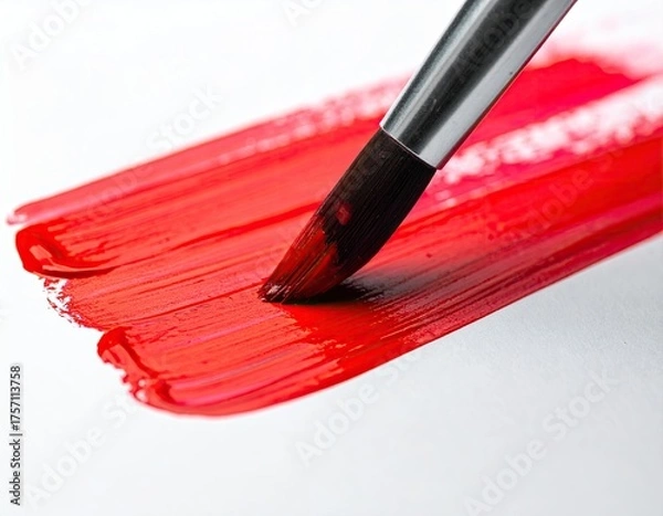 Fototapeta Brushstroke of bright red paint on white surface, close-up