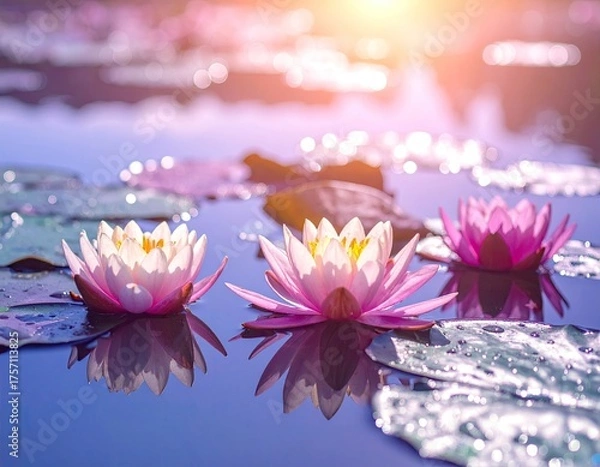 Fototapeta Three lotus flowers float on water with sunlit reflections