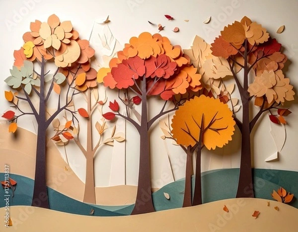 Fototapeta Autumn paper trees; orange, beige, red, green on white