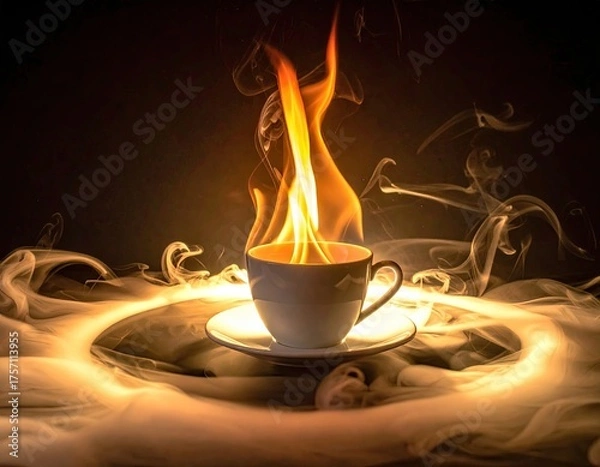Fototapeta Flaming cup on saucer, smoke swirls in dark, moody setup