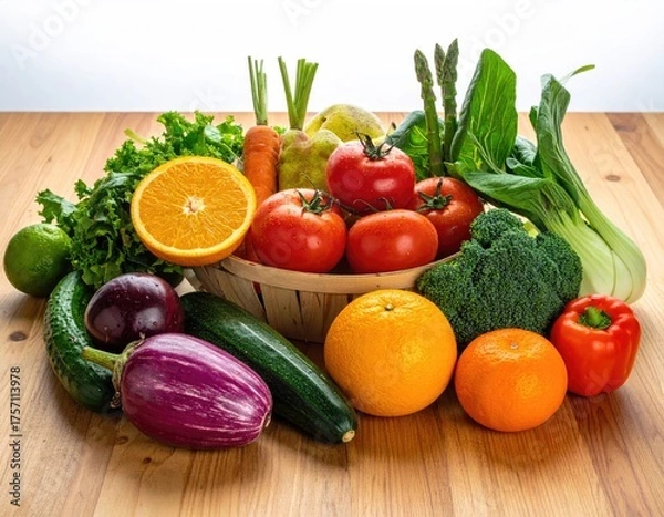 Fototapeta Basket of colorful, fresh produce on a wooden surface