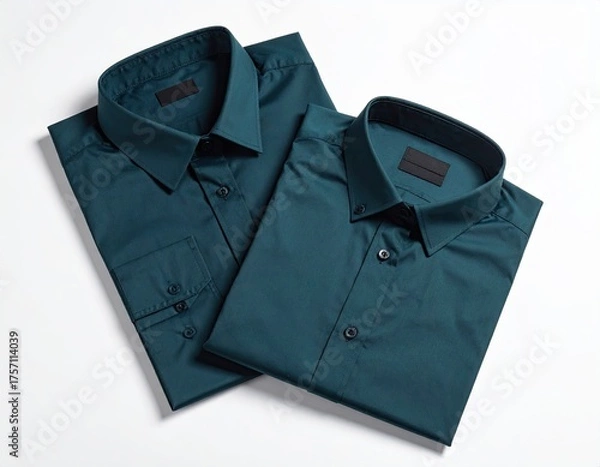 Fototapeta Two folded, dark teal dress shirts on a plain white surface