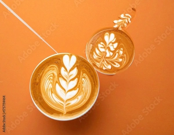 Fototapeta Latte art featuring symmetrical leaves on orange