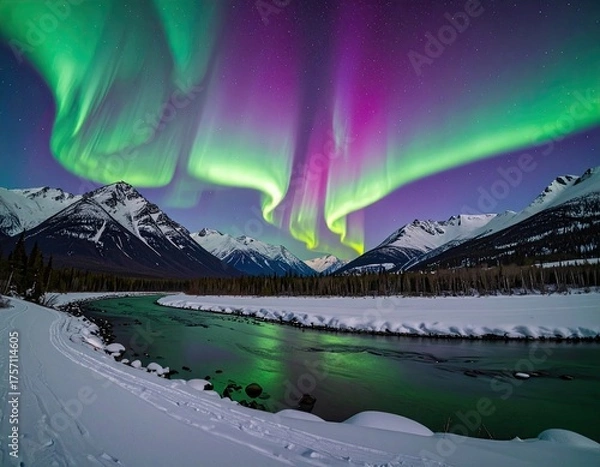 Fototapeta Aurora dances above snowy peaks, river reflects the light