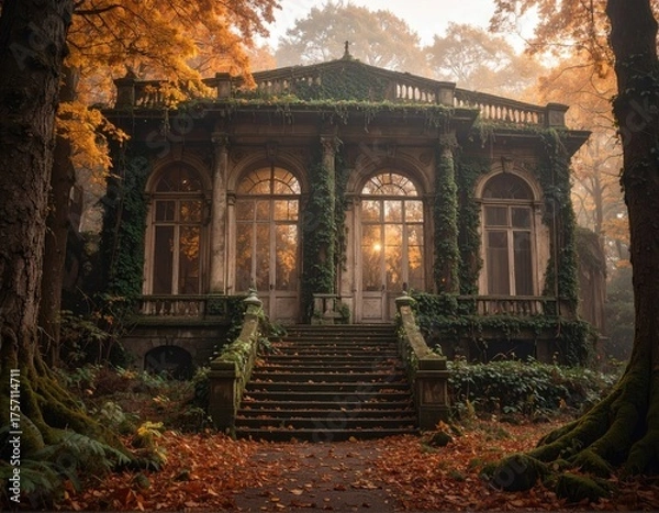 Fototapeta Aged, ivy-covered building amidst a golden autumn forest