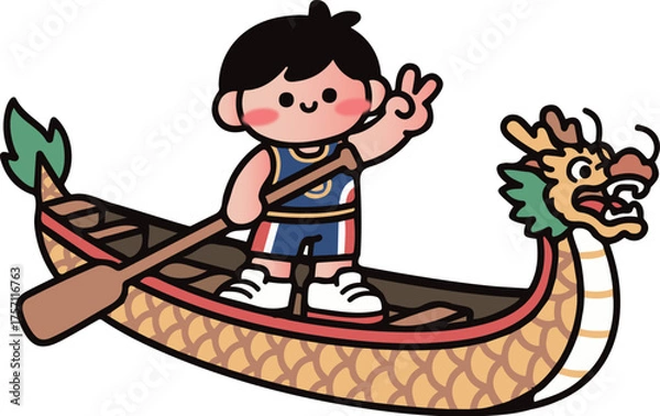Fototapeta The boy rowing a dragon boat in Cartoon China