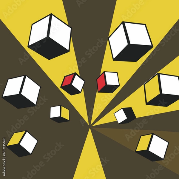 Fototapeta Abstract geometric cubes floating in radial yellow and brown rays