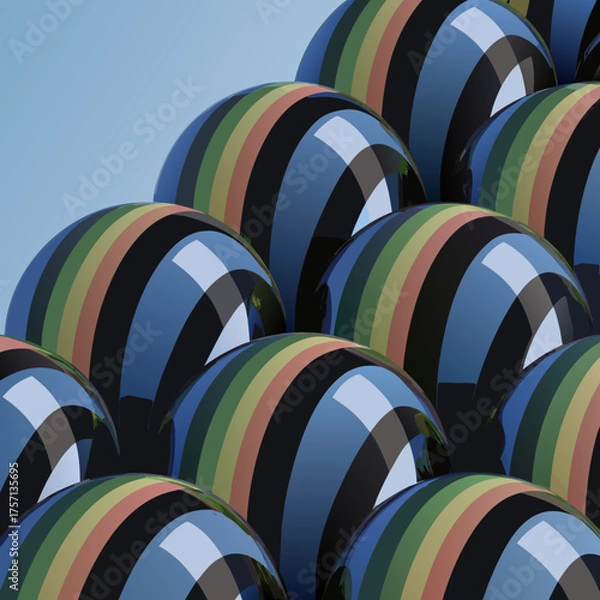 Fototapeta Abstract arrangement of glossy spheres with colorful stripes against a light blue background