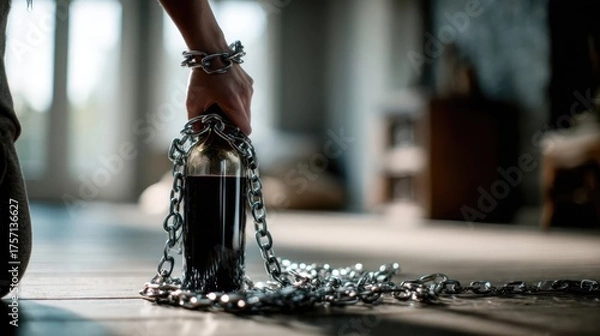Fototapeta Hand gripping a chained bottle of dark liquid on wooden floor, symbolizing struggle and entrapment, with soft natural light illuminating the scene and creating a dramatic atmosphere