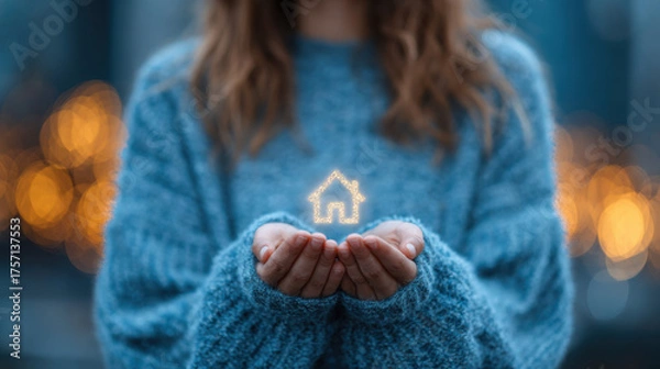 Fototapeta A woman in a blue sweater gently holds a glowing house icon in her cupped hands, symbolizing homeownership, safety, and the warmth of family and dreams for future.