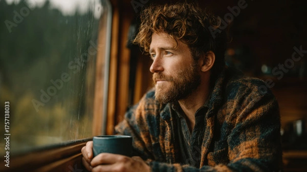 Fototapeta A thoughtful man with curly hair and a flannel shirt gazes out a rainy window while holding a mug, lost in contemplation and enjoying a peaceful moment.