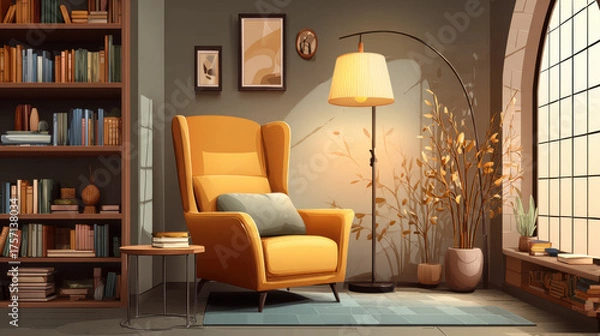 Fototapeta A cozy reading nook features a comfortable yellow armchair, floor lamp, bookcase, and window with sunlight illuminating the inviting interior space.