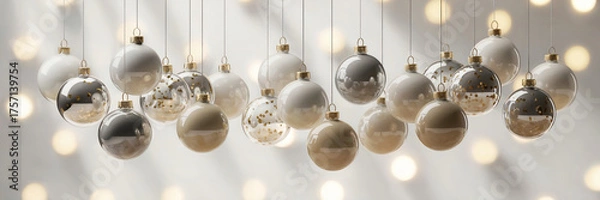 Fototapeta A collection of hanging Christmas baubles in white, silver and champagne colors  with gold accent against a soft white bokeh background. 