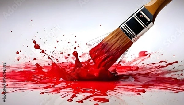 Fototapeta Close-up shot of a paintbrush with red paint on a white canvas.