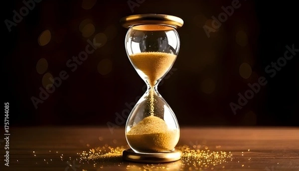 Fototapeta An hourglass on a wooden table with a blurry background.