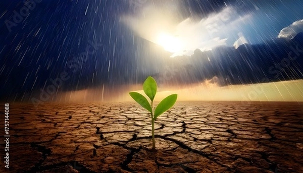 Fototapeta Leaf shoots growing on dry land with rain falling and sunlight amidst a cloudy sky