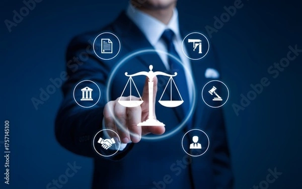 Obraz Law and justice business concept with businessman touching digital balance scale icon, representing legal advice, compliance, and corporate governance
