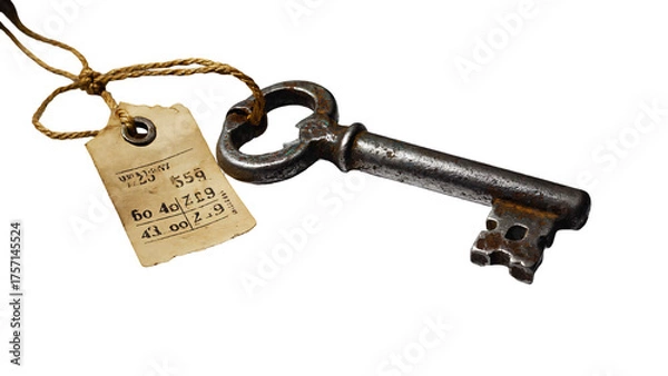 Obraz Antique Iron Key with Aged Paper Tag on White Background | Vintage Object Photography

Weathered Metal Key and Handwritten Tag Still Life | Historical Artifact Concept