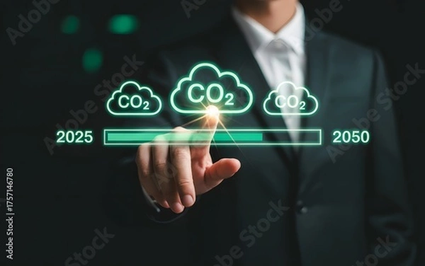 Fototapeta CO2 emission reduction and climate change sustainability concept showing businessman managing carbon neutral goal timeline for green environmental future