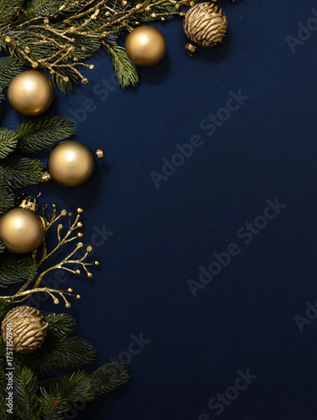 Obraz A glamorous christmas background with a dark blue background and golden decorations for the holidays, with space for text. Festive dark background for Christmas, vertical banner, copy space