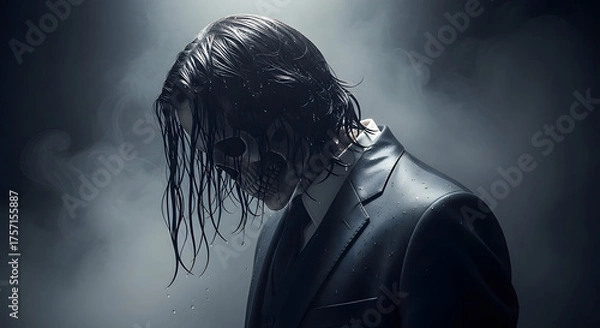 Obraz 자욱한 연기속 젖은 머리를 한 해골. 슈트를 차려입은 해골.