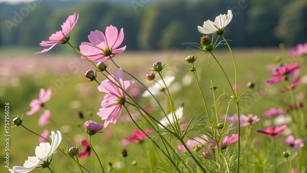Fototapeta Charming cosmos flowers in a vibrant field, with delicate pink and white petals swaying gently in the breeze on a bright sunny day