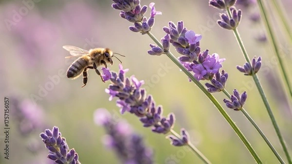 Obraz Honeybee diligently collecting nectar from vibrant lavender flowers, showcasing natures beauty and the vital role of pollination