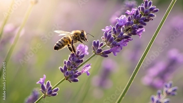 Fototapeta Honeybee gracefully landing on a vibrant lavender flower in a sunlit field, capturing the essence of natures beauty and the delicate dance of pollination