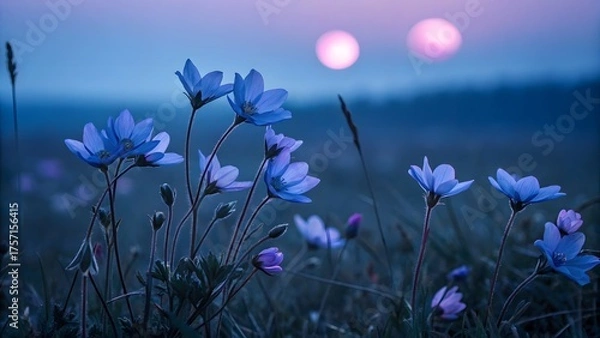 Fototapeta Enchanting anemone flowers under a double moon, creating a mystical and ethereal scene in the twilight with a soft, dreamy atmosphere