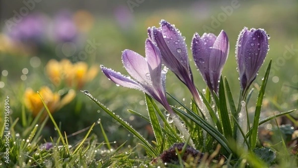 Fototapeta Closeup of purple crocus flowers covered in morning dew, creating a fresh and vibrant spring scene in a natural outdoor setting