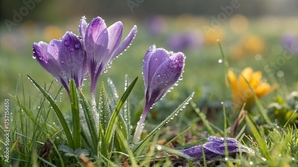 Fototapeta Captivating closeup of purple crocus flowers adorned with glistening dew drops, set against a blurred backdrop of vibrant spring colors