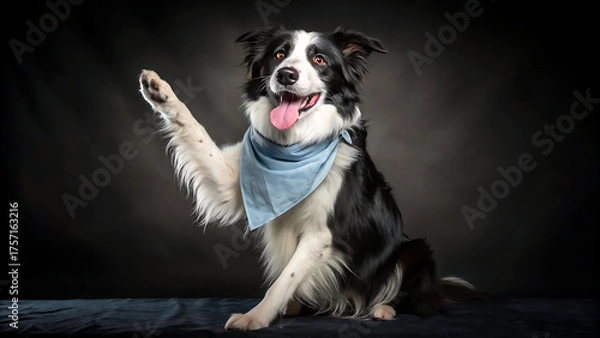 Fototapeta A cheerful border collie with a blue bandana extends its paw in a friendly wave, its tongue playfully out against a dark, moody background