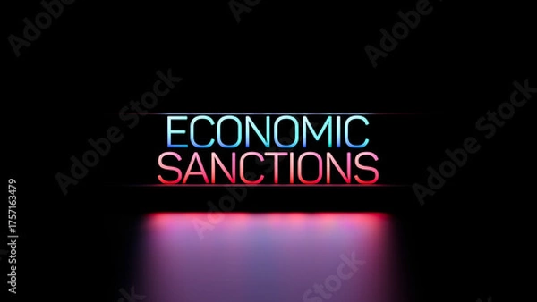 Fototapeta Economic sanctions, financial sanctions, neon glowing concept, text on a black background. Sanctions, economy, business, wallpaper. 3D render.