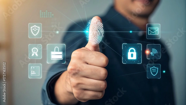 Fototapeta A man gives a thumbs up with a fingerprint icon and other security icons floating around his hand, representing biometric authentication