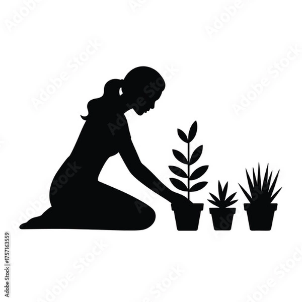 Fototapeta Silhouette of woman gardening with potted plants scalable vector illustration for graphic design projects silhouette vector illustration white background