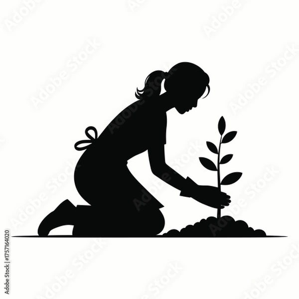 Fototapeta Scalable vector illustration of a gardener planting a sapling in the ground silhouette vector illustration white background