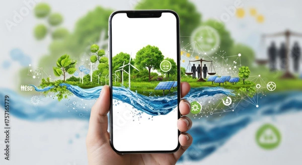 Fototapeta Hand holding smartphone displaying vibrant green nature scene and sustainable esg concepts