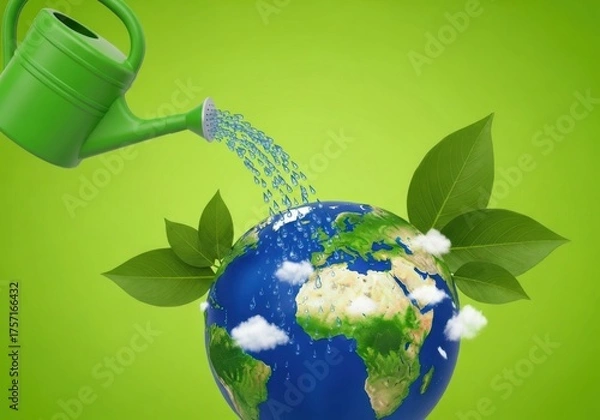 Fototapeta Watering the earth with a green watering can symbolizing environmental care