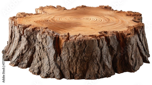 Fototapeta Large detailed tree stump with growth ring and rough bark texture. This rustic brown wood log section shows natural signs of age, an isolated clipart for forestry themes