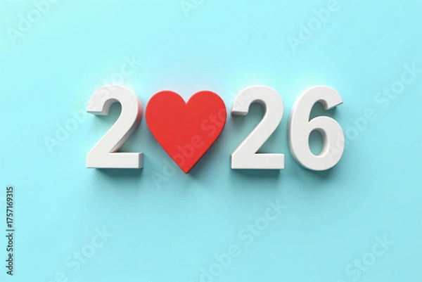 Fototapeta 2026 New year for healthcare concept. A red heart and the numbers 2026 arranged horizontally on a light blue background. health insurance. Mental Wellness. medical. New year resolutions goal.