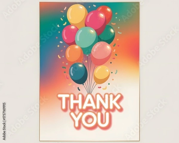 Fototapeta A vibrant and festive thank you card design featuring a bouquet of colorful balloons and confetti against a gradient background