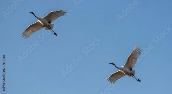 Fototapeta Two majestic cranes soaring gracefully through a clear blue sky