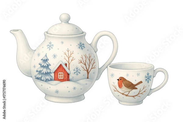 Fototapeta Winter teapot and teacup with robin bird design
