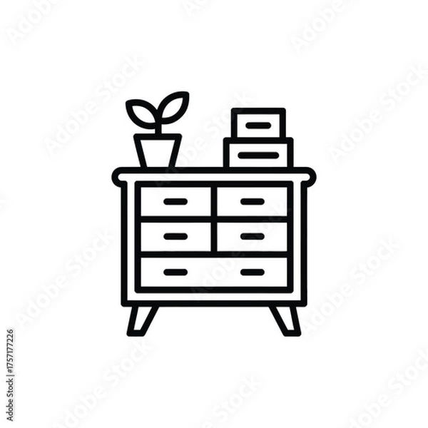 Obraz Minimalist black outline icon of a chest of drawers with plant and stacked boxes on top, transparent background