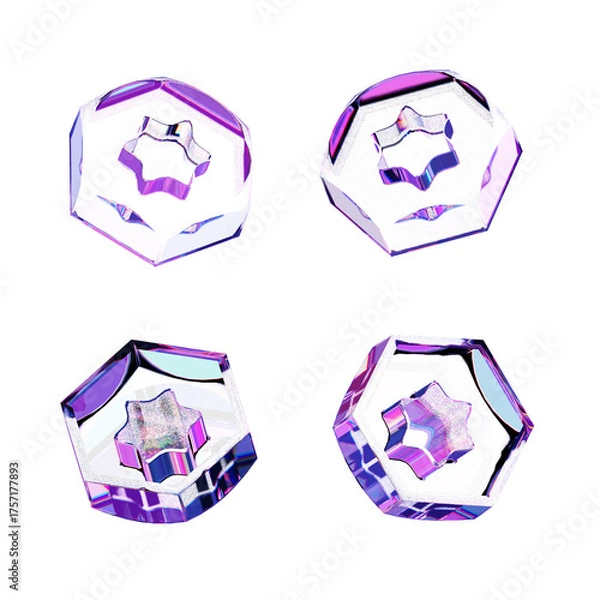 Fototapeta Set of four transparent hexagonal prisms with star-shaped, iridescent inclusions, isolated on a white background