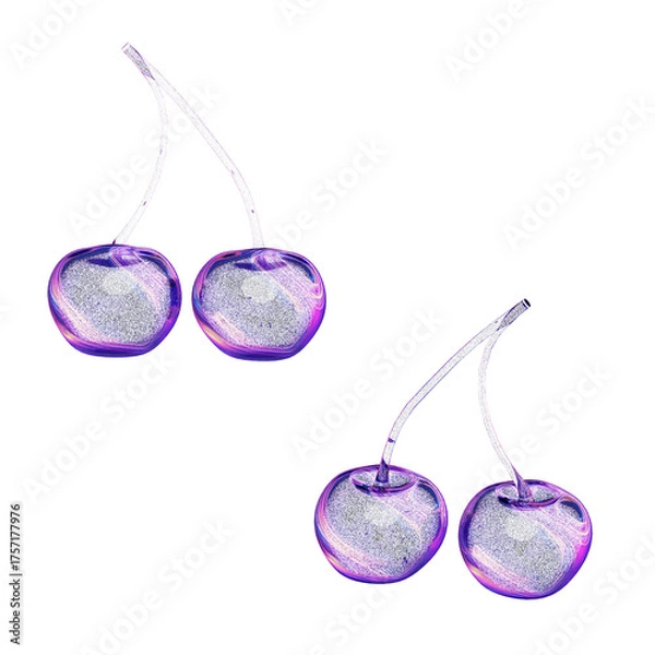 Fototapeta Purple and Pink Cherries Illustration with Glossy Sheen - A Pair of Vibrant, Translucent Fruit Design Elements Featuring Reflective, Jelly-Like Texture on White Background for Sweet and Dreamy Visuals