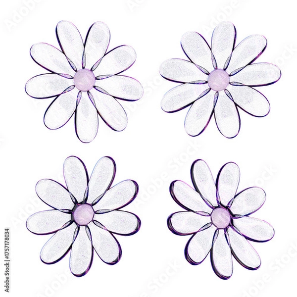 Fototapeta Four translucent, purple-centered, white daisies with delicate petals arranged in a square formation on a white background